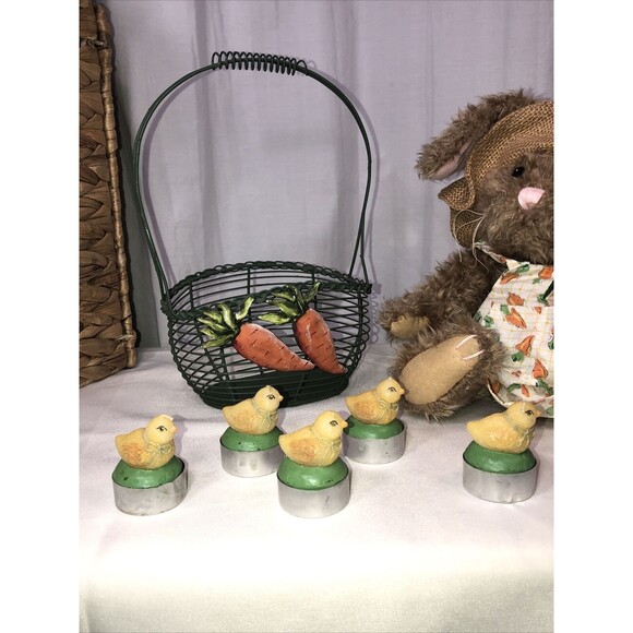 Vtg Easter decor lot  egg basket/Brass Button Collectable bunny plush/candles - Picture 2 of 16